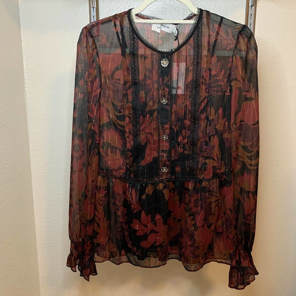 COACH 1941 Dark Red Forest Floral Print Tea Rose Blouse Size 6 NWT Msrp $295